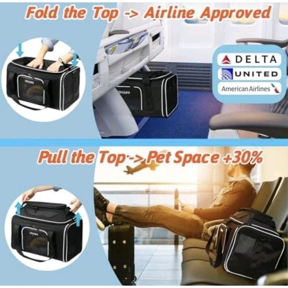 Petskd Top Expandable Pet Carrier 18x11x11 In Southwest Airline Approved Black - Picture 2 of 2